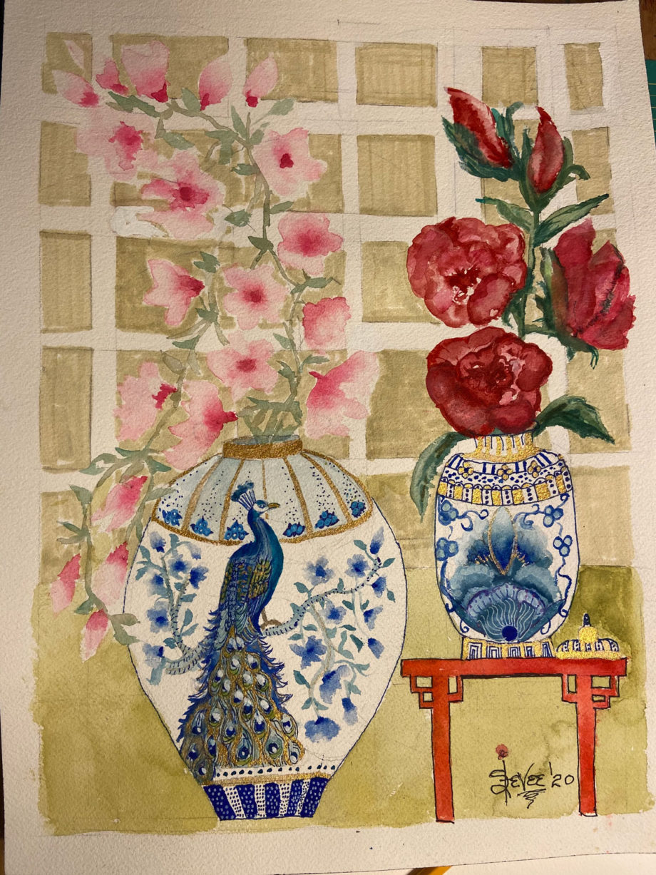 Peacock with Asian Vases